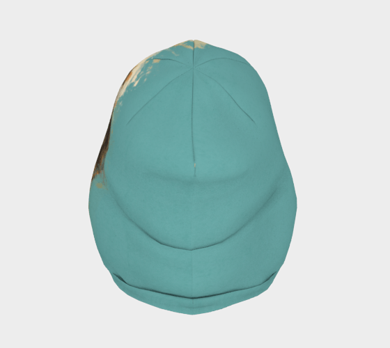 Vue de dessus de la tuque turquoise, mettant en valeur sa forme arrondie et les coutures de construction.