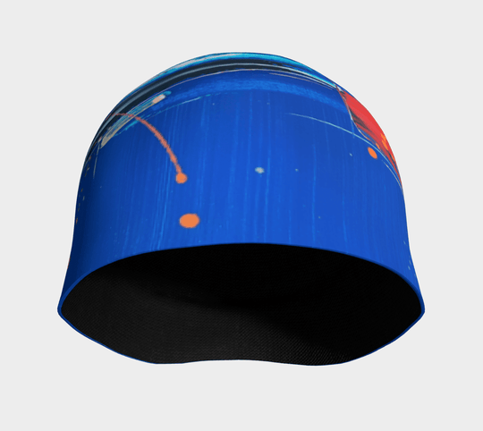 Vue intérieure de la tuque bleue abstraite, révélant sa doublure noire en bambou.