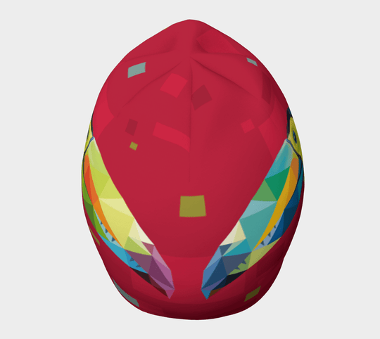 Tuque rouge avec un design géométrique de toucan, vue de dessus.
