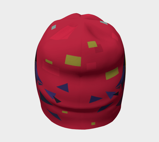Tuque rouge avec un design géométrique de toucan, vue de dessus-arrière.