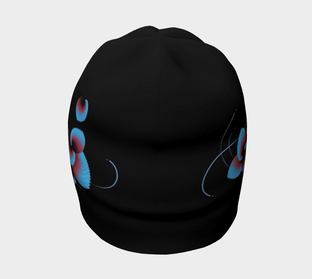 Tuque noire avec motif floral bleu et rouge, vue de face