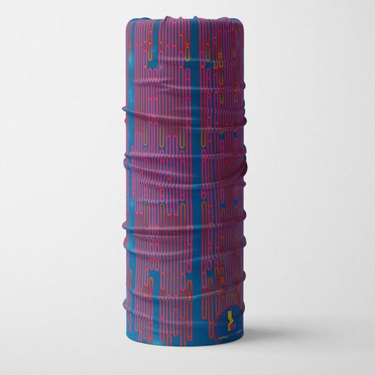 A blue loops multifunctional tube standing upright, showcasing the repeating abstract line pattern.