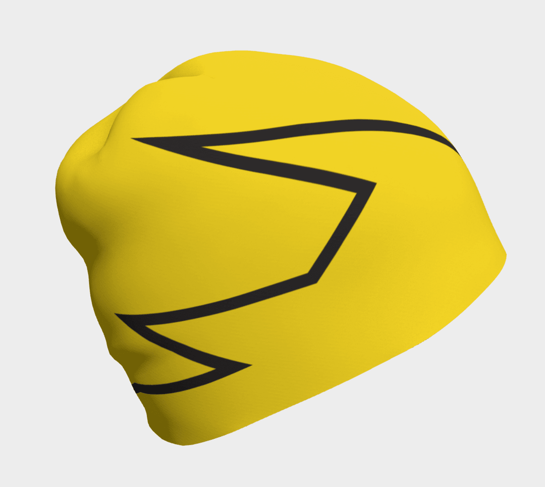 Tuque jaune avec un motif de lignes noires brisées sur fond uni.