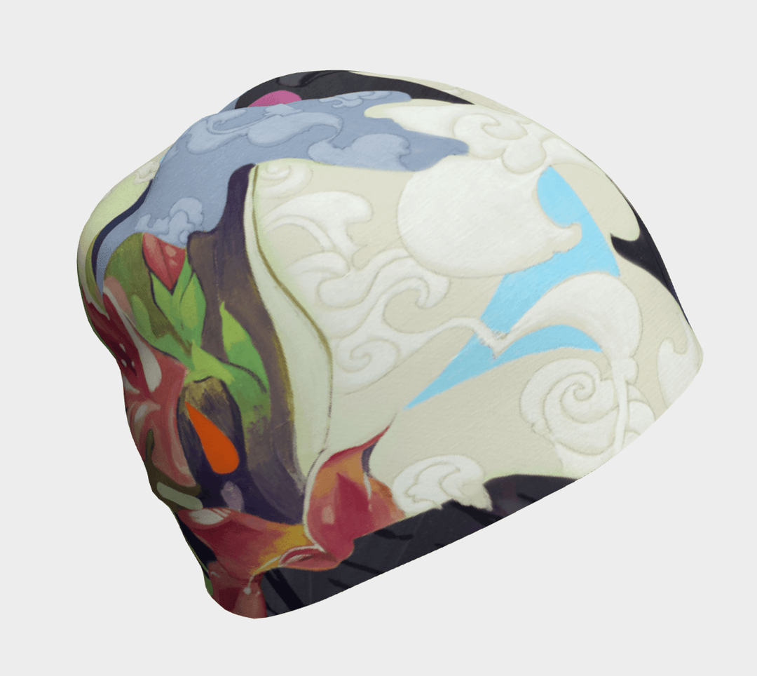 Tuque motif corbeau abstrait avec des motifs tourbillonnants crème et bleus