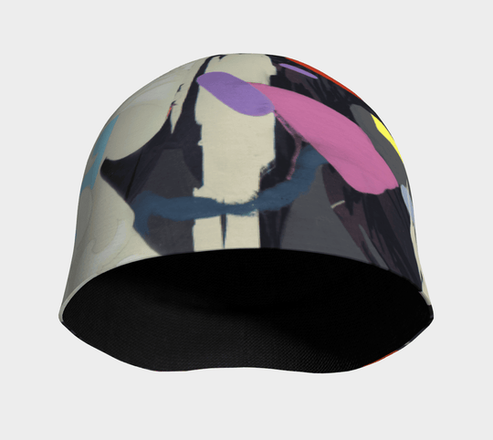 Vue intérieure de la tuque motif corbeau abstrait montrant la doublure noire en bambou