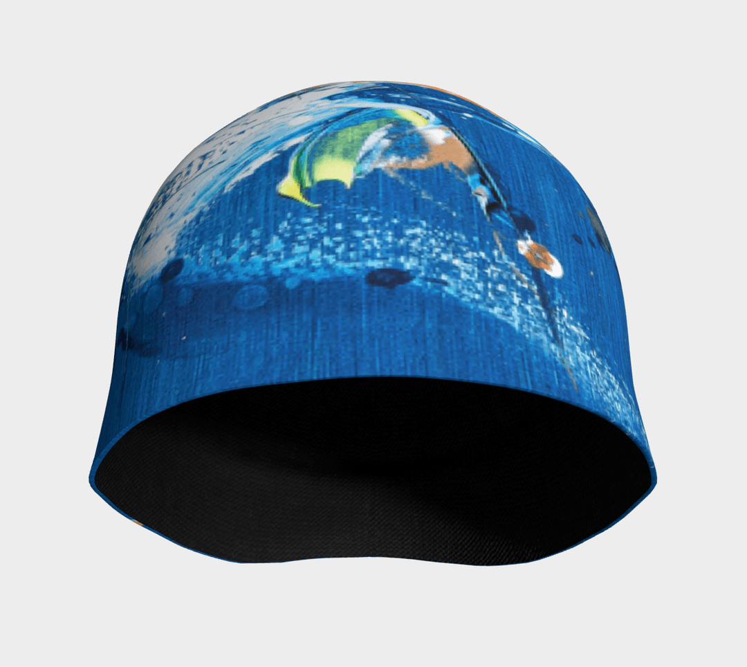 Vue intérieure de la tuque abstraite bleue, révélant sa doublure en bambou noire.