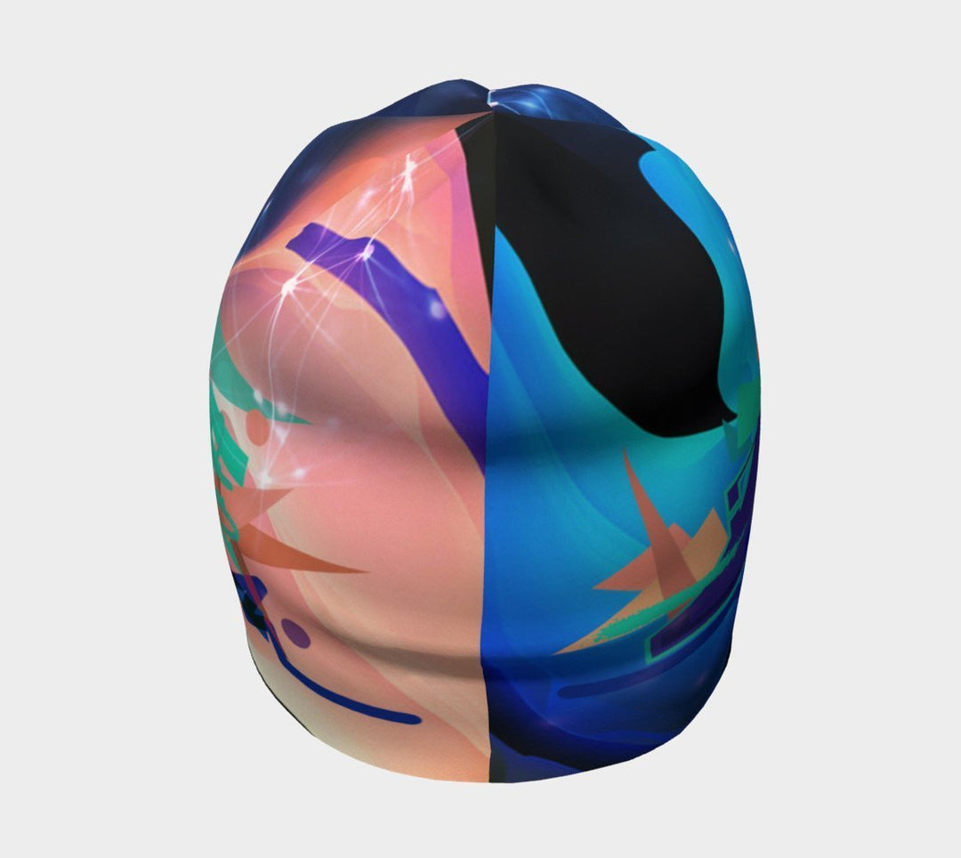Vue divisée de la tuque Galaxie, moitié côté bleu et vert, moitié côté rose et orange.
