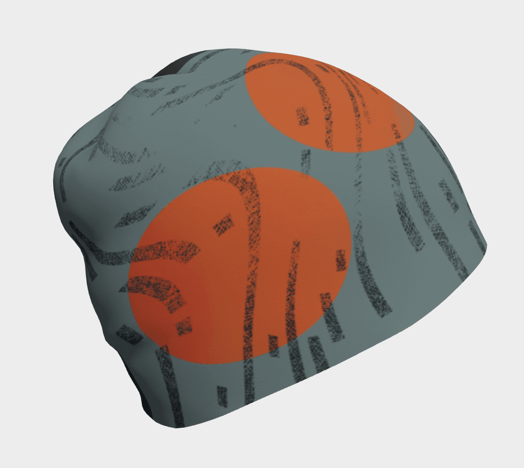 Tuque grise avec cercles orange vifs et imprimé coups de pinceau noirs, vue avant en 3D sur fond blanc