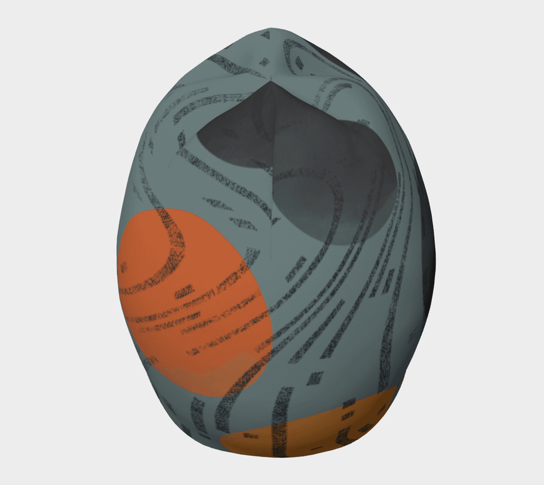 Vue latérale en plongée de la tuque montrant le cercle orange enveloppant et le motif de traits noirs tourbillonnants