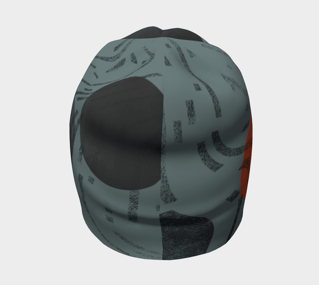 Vue arrière de la tuque grise montrant cercle sombre et arc orange terracotta sur tissu gris-vert
