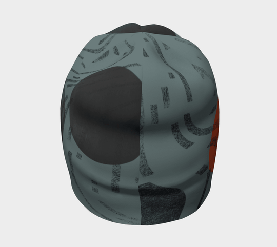 Vue arrière de la tuque grise montrant cercle sombre et arc orange terracotta sur tissu gris-vert