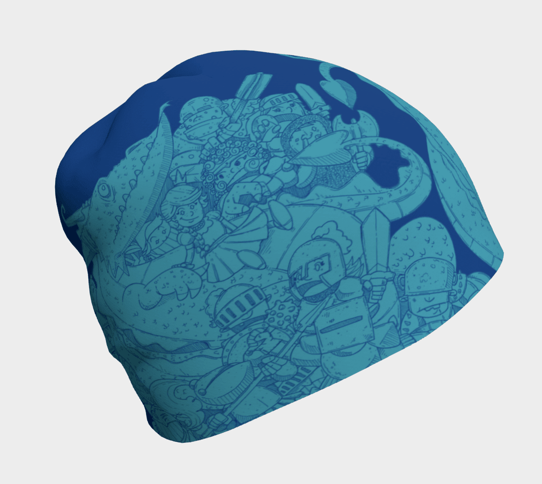 Tuque bleue avec un dessin détaillé en lignes bleues de chevaliers, d'un dragon et d'une princesse.