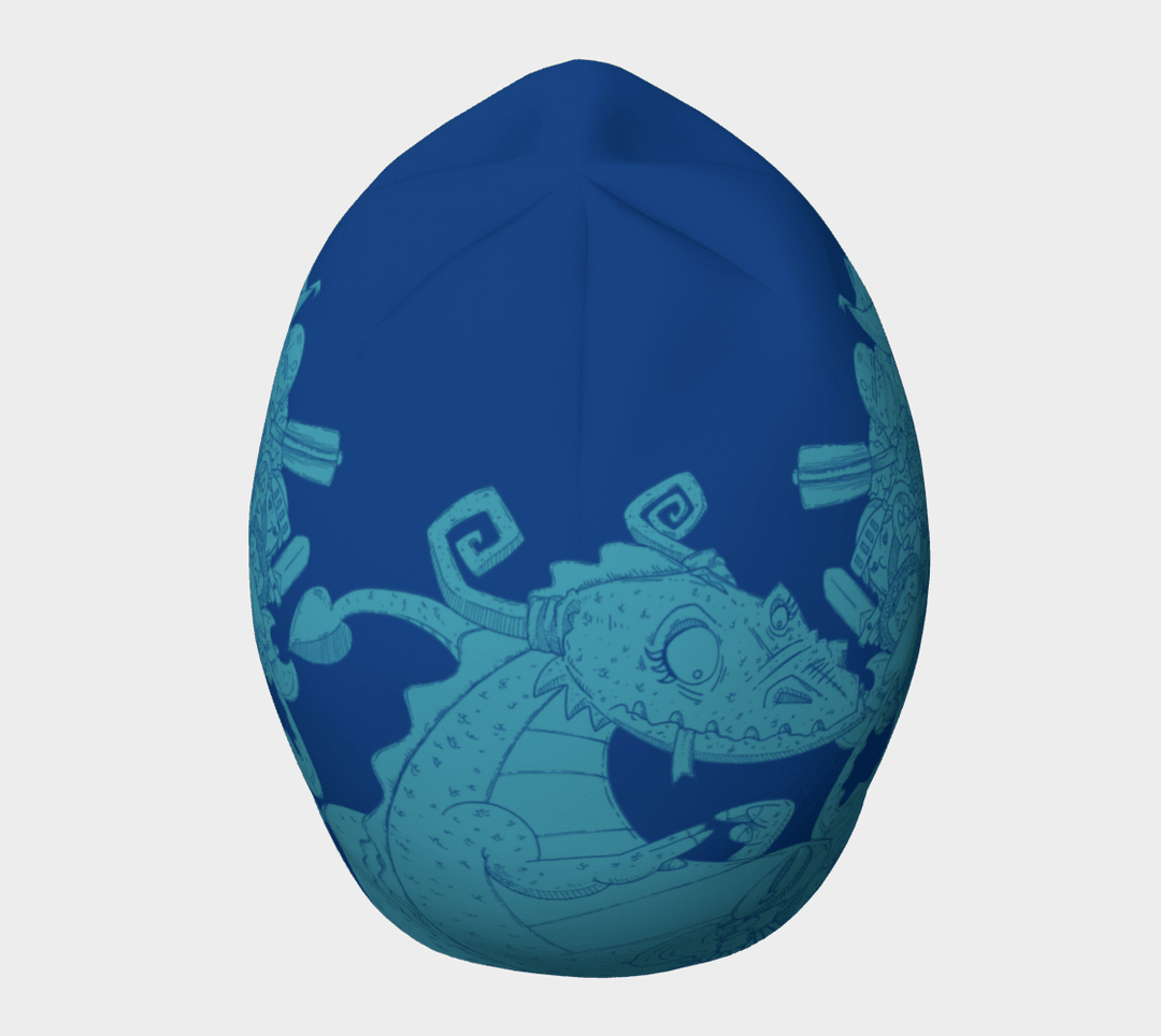 Vue de dessus de la tuque bleue Chevaliers et Dragons, avec un gros plan d&