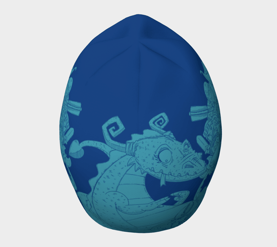 Vue de dessus de la tuque bleue Chevaliers et Dragons, avec un gros plan d&