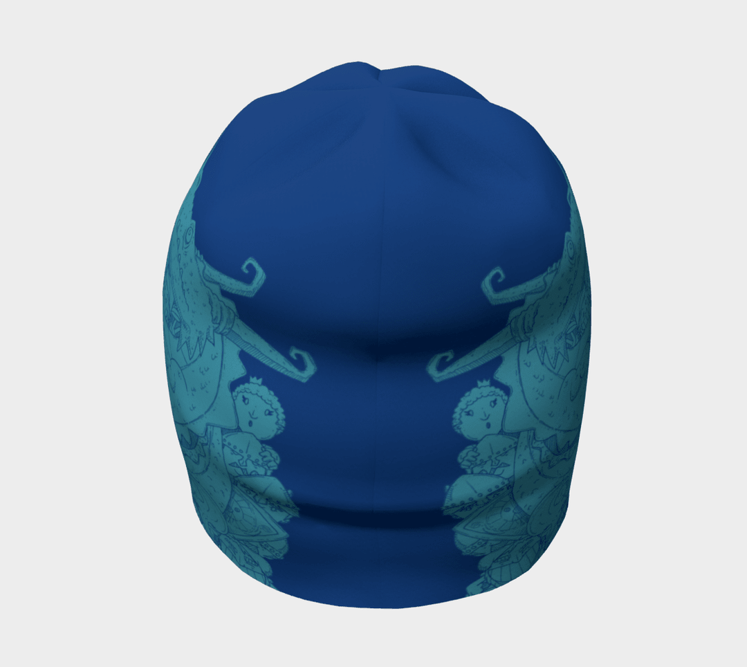 Vue arrière de la tuque bleue Chevaliers et Dragons, montrant un motif miroir de chevaliers et de dragons.