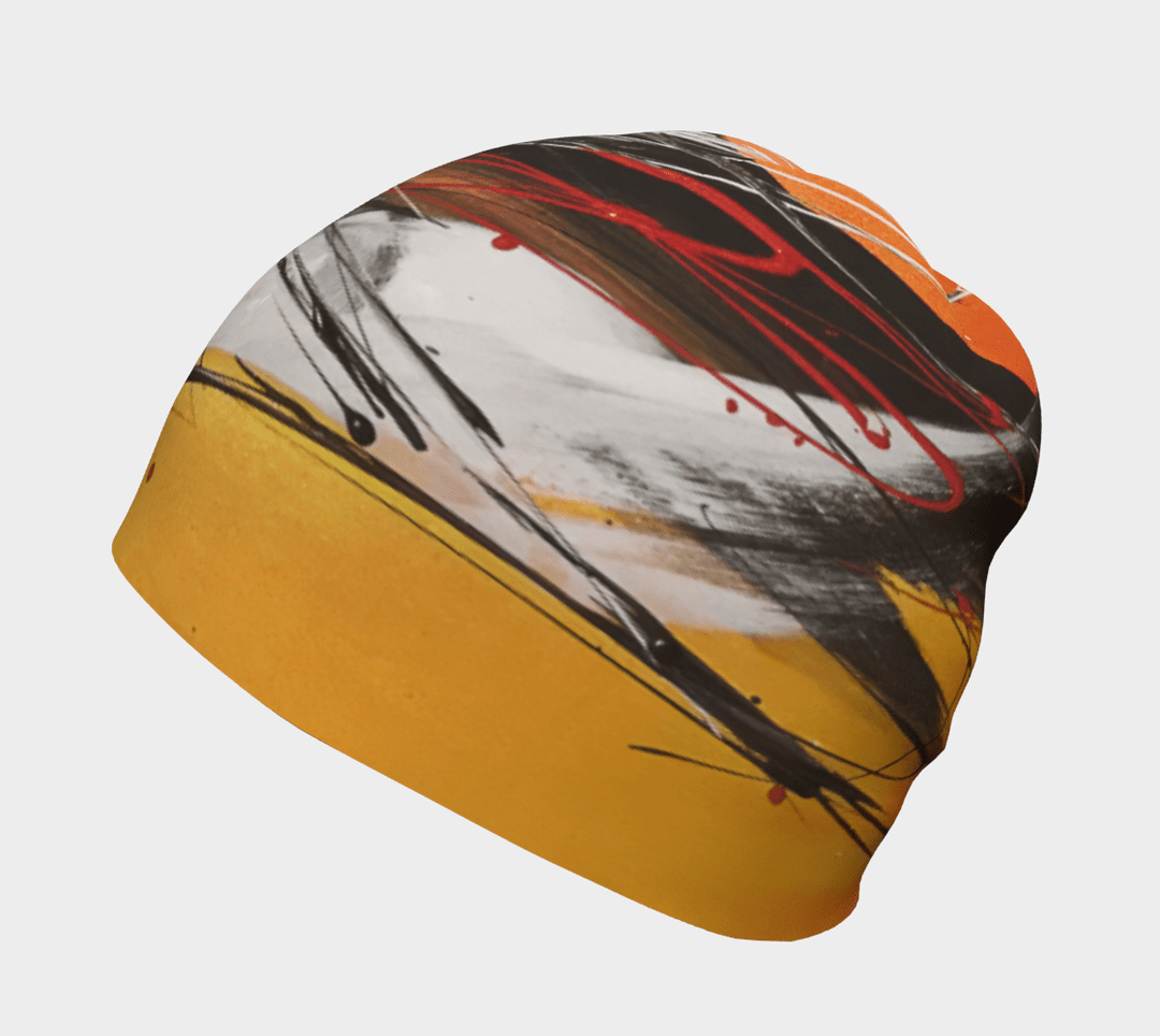 Side view of the Le Coeur Beanie showcasing its relaxed fit and vibrant abstract print.