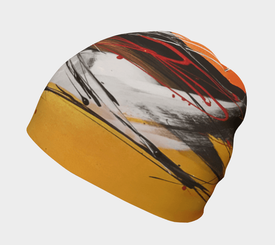 Side view of the Le Coeur Beanie showcasing its relaxed fit and vibrant abstract print.