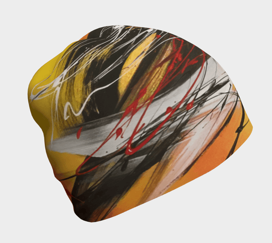 Close-up of the Le Coeur Beanie with abstract yellow, black, and red brushstrokes.