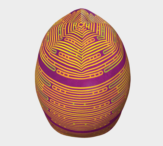 Tuque magenta à rayures abstraites jaunes et vertes vue de face.