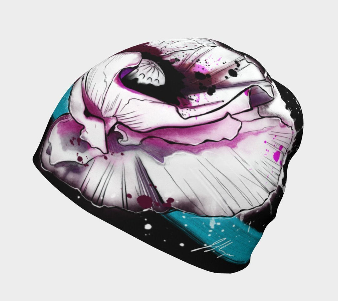 Nouvelle tuque Fleur de pavot pour filles et femmes montrant un gros plan du motif floral aux accents roses et bleus.