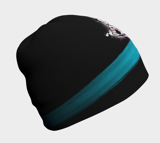 Vue arrière de la nouvelle tuque Fleur de pavot pour filles et femmes, soulignant son extérieur en polyester noir avec une rayure sarcelle.