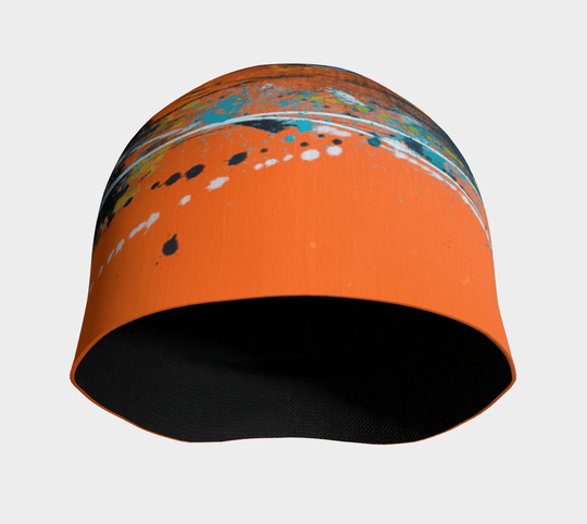 Vue intérieure de la tuque orange abstrait, mettant en évidence la doublure noire en bambou.