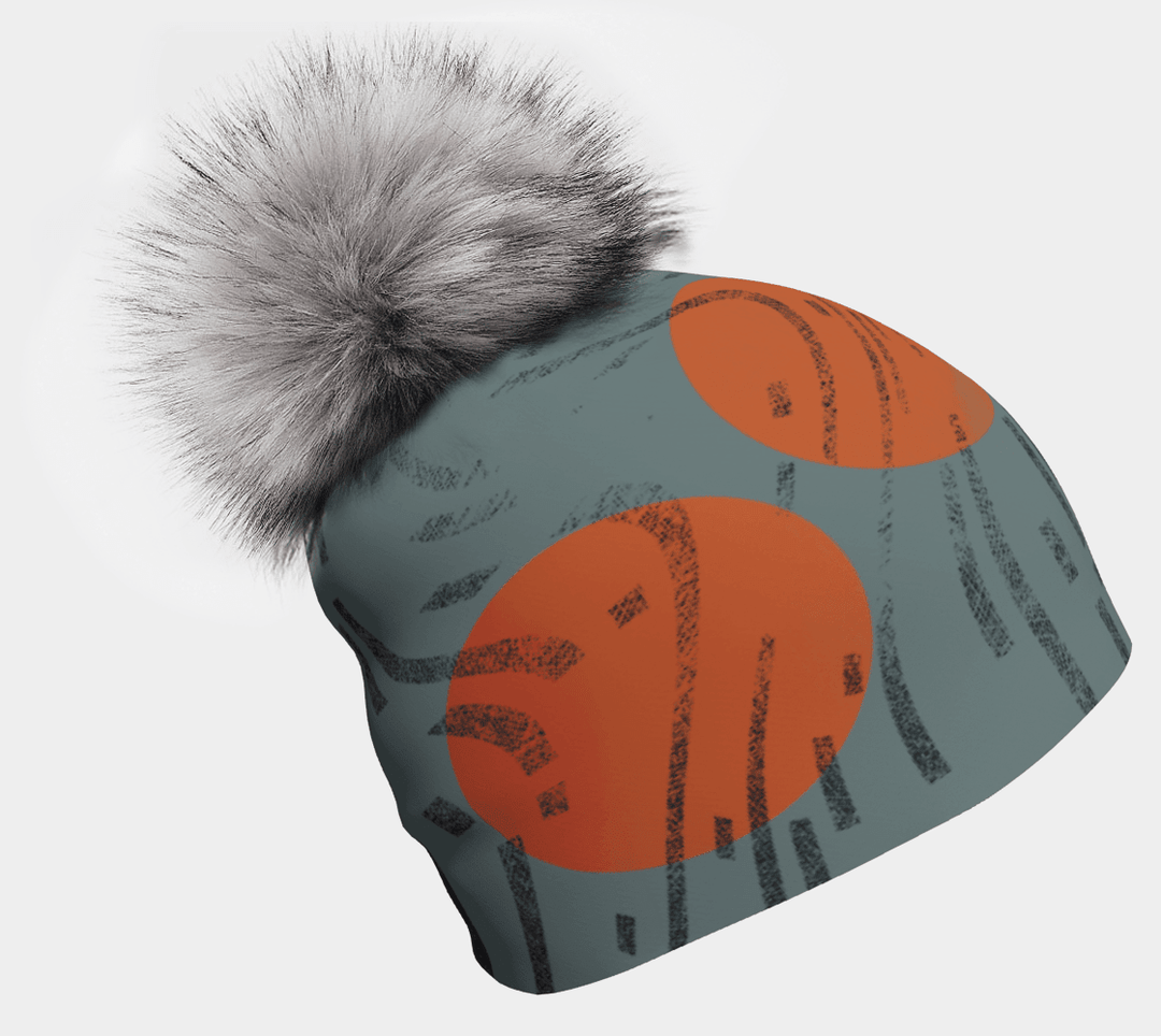 Tuque vert ardoise à cercles oranges avec pompon gris amovible, vue produit sur fond blanc