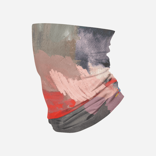 A Pink &amp; Flames Multifunctional Tube with abstract brushstrokes in pink, red, grey, and purple.