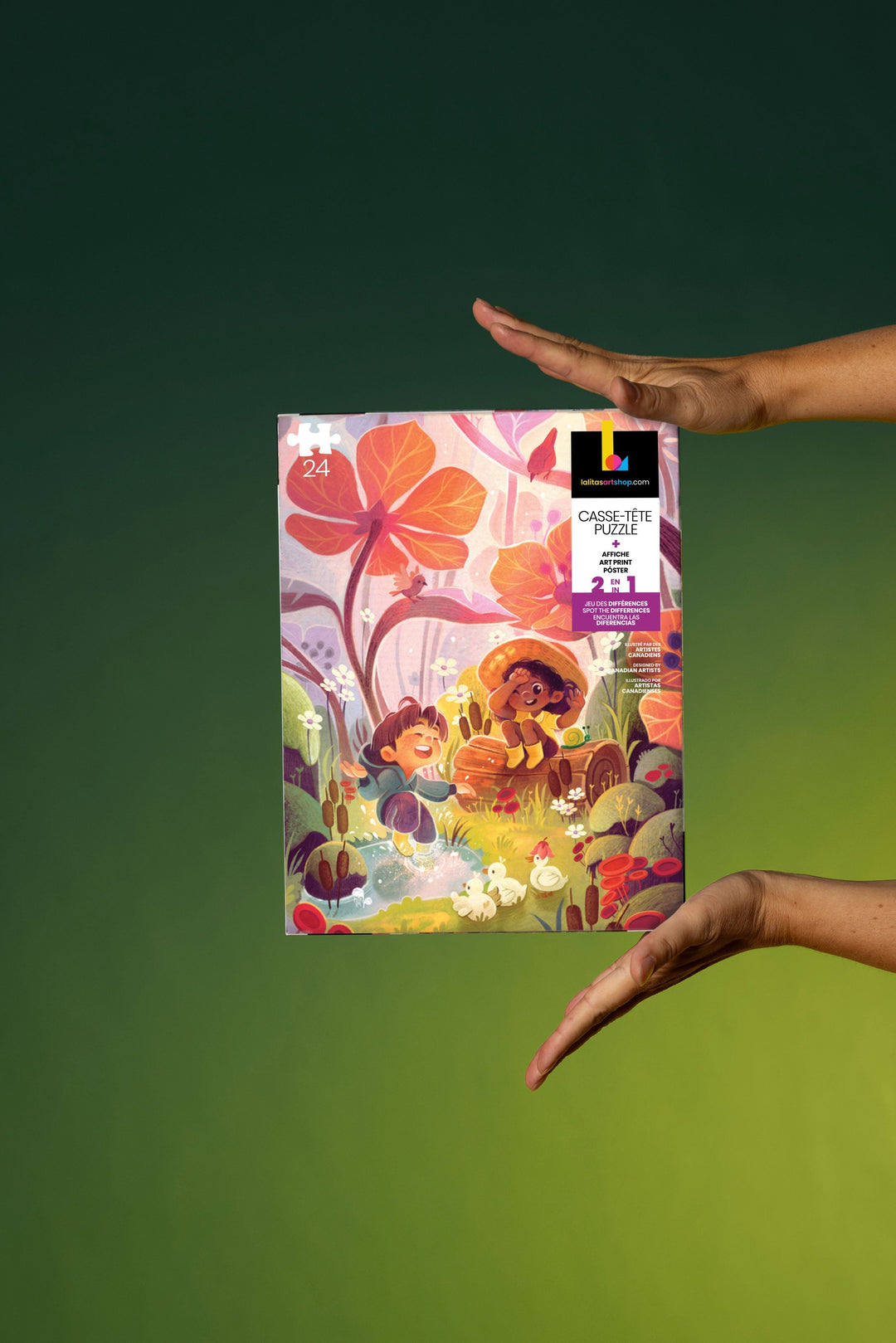 Hands holding the Playful Rain 24-piece kids&