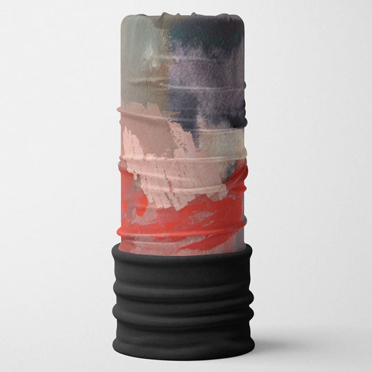 POLAR Pink &amp; Flames Multifunctional Tube standing upright against a white background, showcasing abstract brushstrokes of pink, red, grey, and purple.