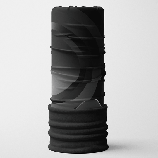 Tube de cou multifonction à imprimé abstrait noir et gris avec un bord en polaire noire.