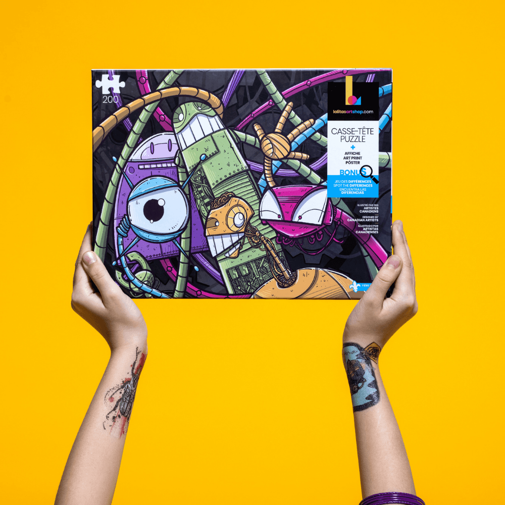 Hands holding the 'Puzzle Friendly Robots' puzzle box against a bright yellow background.