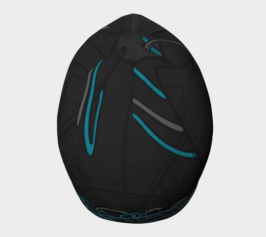 Vue de côté de la tuque Robocats noir et bleu, détaillant la texture et le motif.
