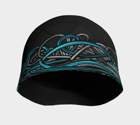Vue intérieure de la tuque Robocats noir et bleu, mettant en évidence la doublure noire en tissu de bambou.