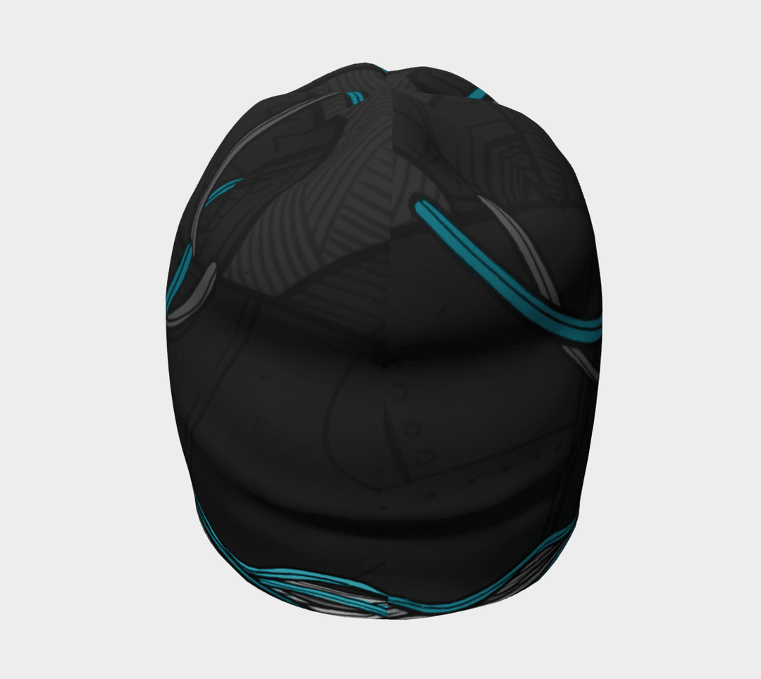 Vue de dessus de la tuque Robocats noir et bleu, montrant l&