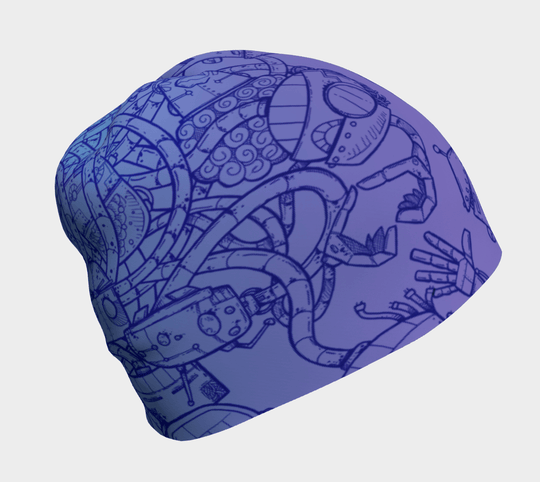 Tuque violette et bleue avec un dessin détaillé au trait bleu d&