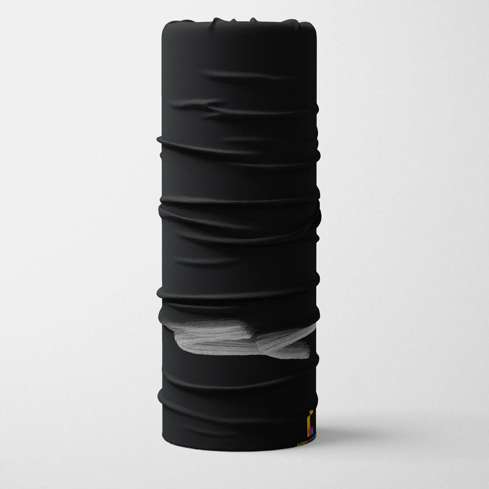 Black multifunctional neck tube with a swatch of white brushstroke art on gray fabric against a white background.