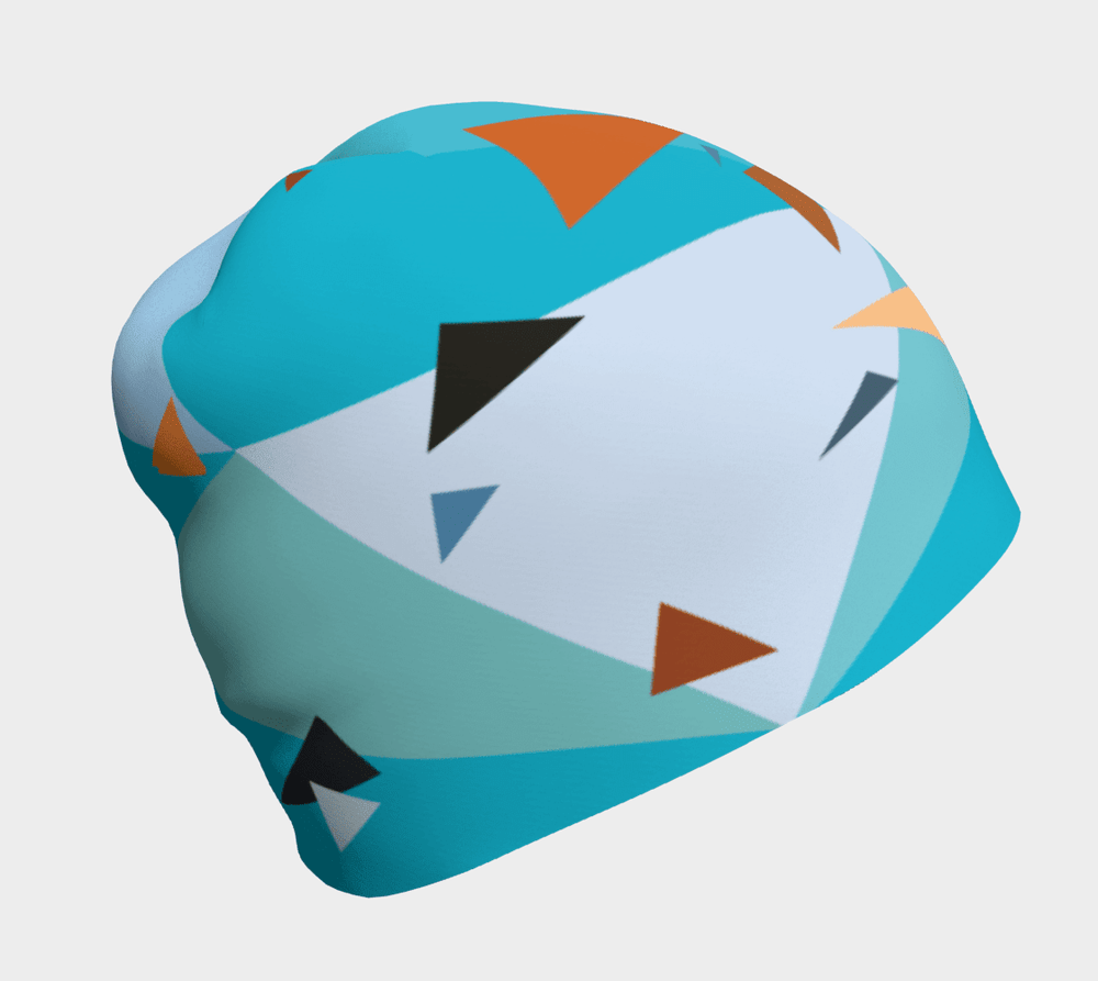 L'arrière de la tuque Hirondelle présente un motif répétitif de triangles colorés et de formes géométriques.