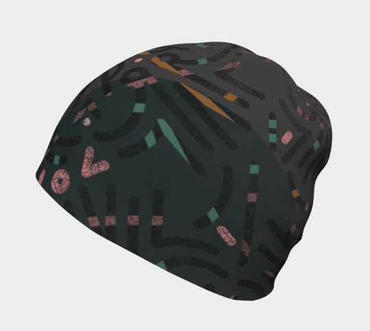 Tuque grise avec un motif abstrait gris foncé et des accents turquoise, rose et orange, vue de côté.