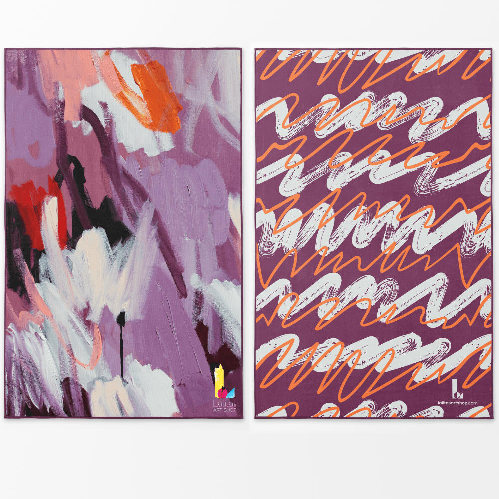 Two sides of the XL Reversible Artistic Towel showing abstract floral and linear wave art.