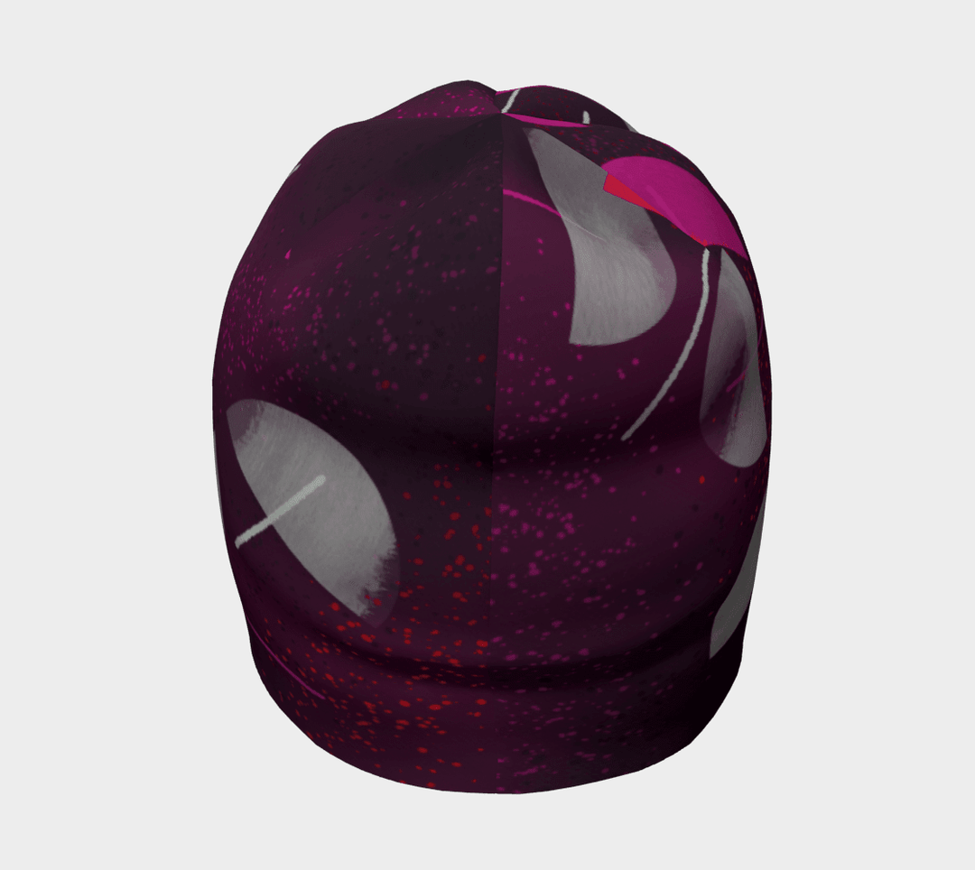 Vue de face de la tuque Parapluie Magenta, affichant le motif artistique complexe.