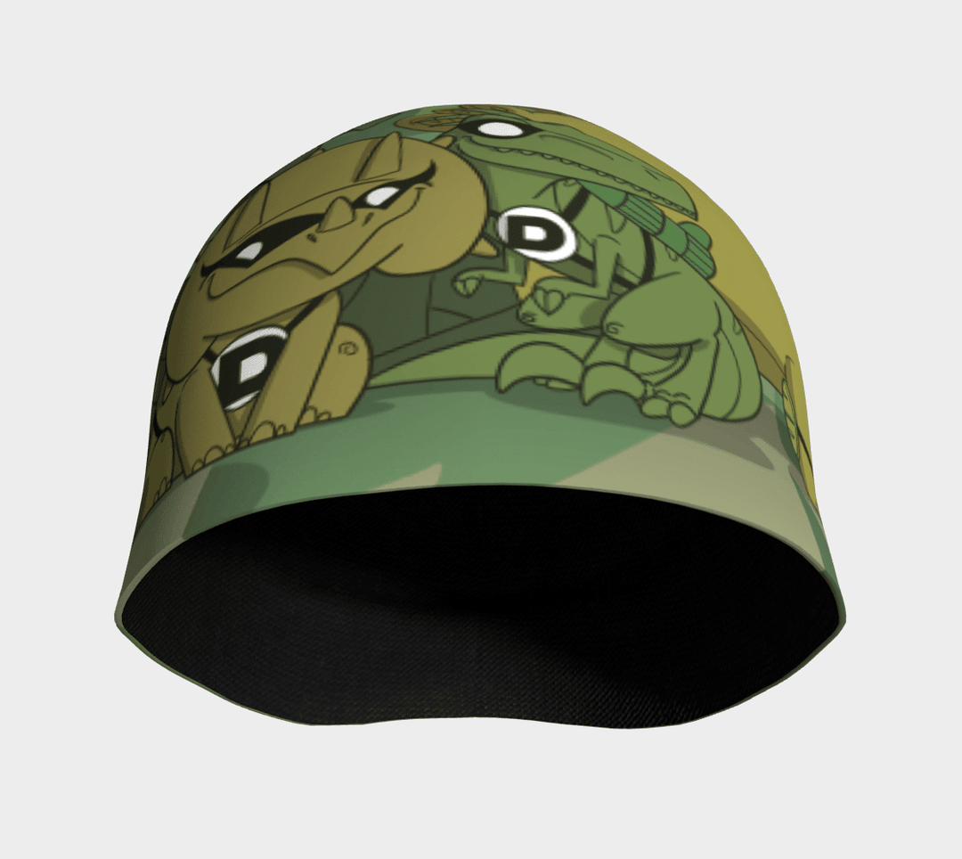 Vue intérieure de la tuque verte de dinosaures montrant sa doublure noire en bambou.