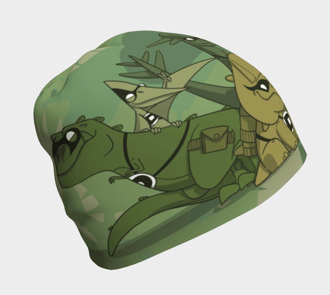 Tuque verte avec une illustration amusante de dinosaures représentant diverses créatures préhistoriques.