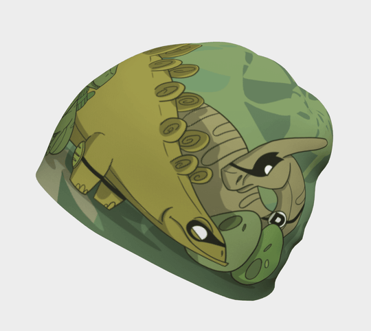 Vue latérale de la tuque verte de dinosaures avec un design de stégosaure et de ptérodactyle.