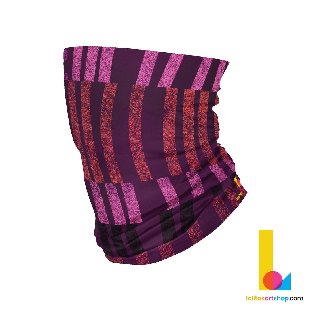 A purple multifunctional neck tube with abstract vertical stripes in pink and red patterns, featuring a small Lalita's Art Shop tag on the side.