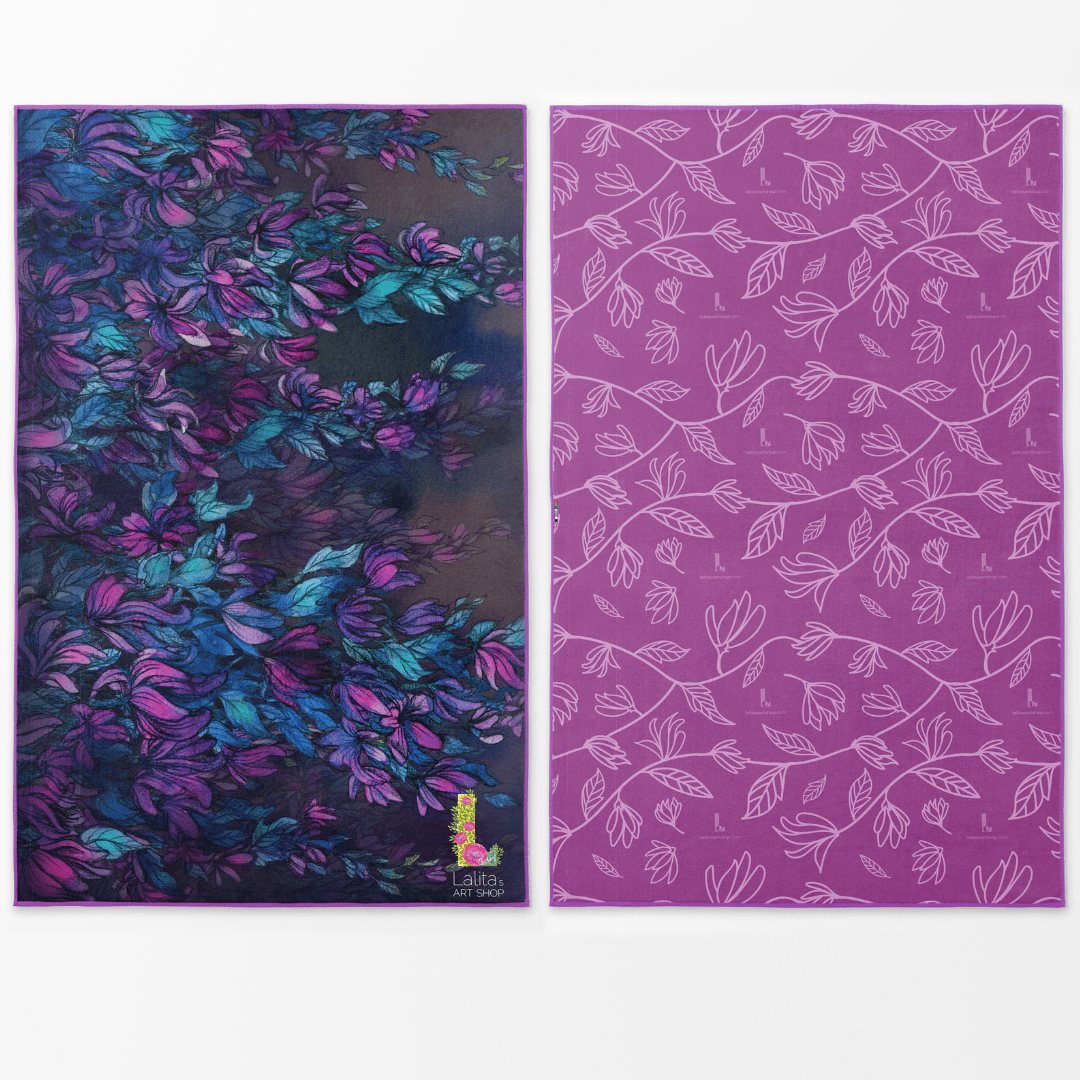 Towel showcasing a dark, dramatic wisteria floral design on one side and a light mauve floral pattern on the other.