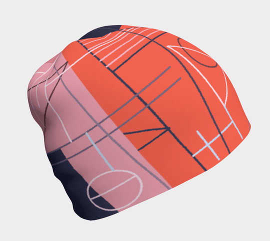 Tuque graphique abstraite rose et orange pour femmes, vue de côté.