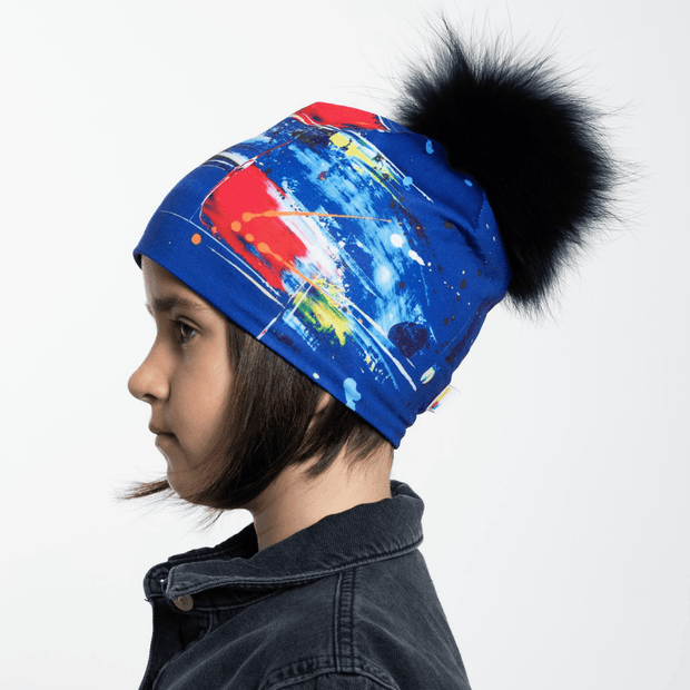 Abstract Blue Beanie With Removable Pompom