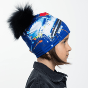 Abstract Blue Beanie With Removable Pompom