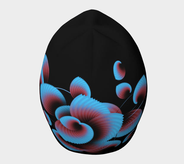 Top view of the Blue Flower beanie hat designed by young emerging artist Zaire